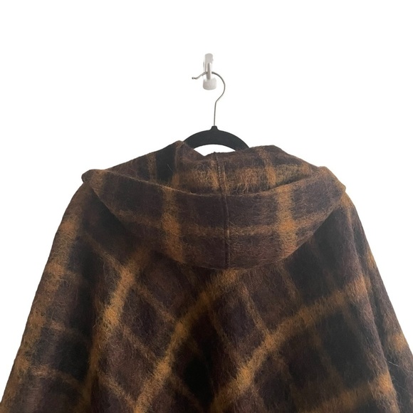 TERRAWARE Earth Aware Plaid Wool Cashmere Hooded Poncho Wrap Jacket Coat Brown M - Picture 8 of 11
